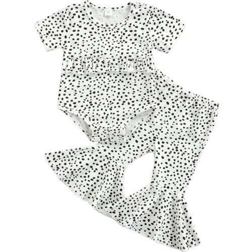 2Pcs Baby Summer Outfits, Polka Dot/Zebra/Leopard Print Short Sleeves Romper + Flared Trousers for Toddler Girls, 0-18 Months