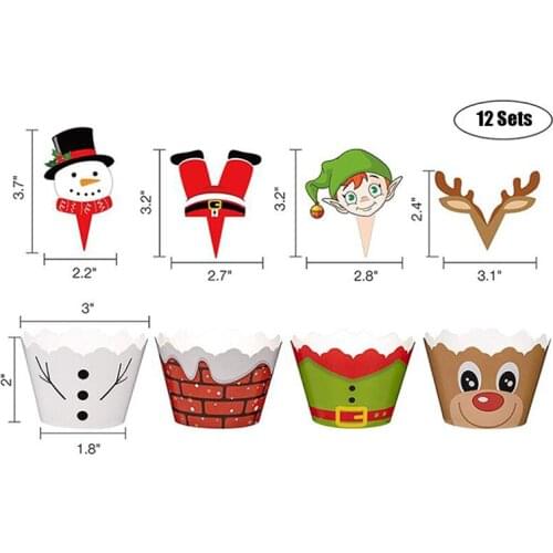 24PCS/Set Christmas Cupcake Toppers Wrappers Party Supplies Snowman Santa Claus Reindeer Elf Xmas Decor Tools