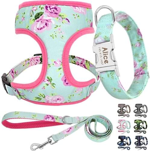3pcs/lot Custom Nylon Dog Collar Leash Harness Set Personalized Dog Collars Adjustable Pet Harnesses For Small Medium Large Dogs