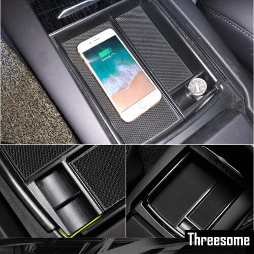 For Tesla Model X Model S Car Wireless Charger Car Center Console Organizer Armrest Storage Box Tray Built-in Qi Charger