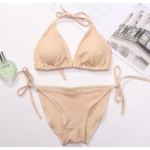 Beige Lady Sensual Sexy Lingerie Set Fashion Girl Women Tie Bandage Swimwear Beach Suit Bras underpants Bra Briefs Set Underwear