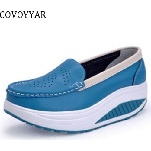 COVOYYAR 2021 Wedge Women Shoes Platform Casual Shoes Slip on Soft Leather Height Increasing Creepers Female Loafers WSN219
