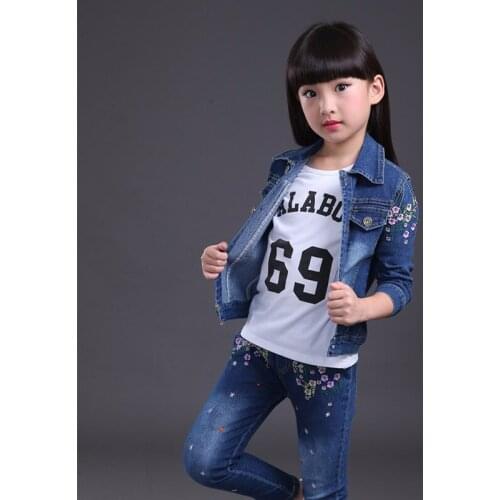 2019 fashion baby girl jeans clothes set spring and autumn flower denim jacket +girls jeans body suit kids cowboy clothing sets