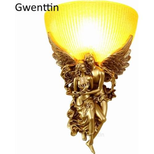 European Gold Couple Angel Wall Lamps Vintage Wall Sconce for Living Room Bedroom Bedside Lamp Stair Light Fixtures Luminaire