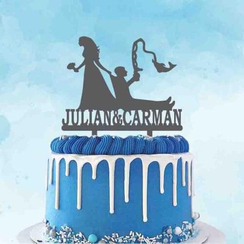 Custom Couple Name Bride Drags Fishing Man Groom Funny Wedding Cake Topper Wedding Anniversary Party Cake Decoration
