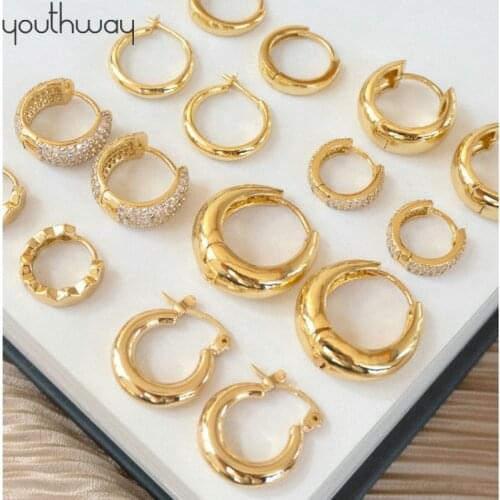 INS Gold Color Brass Hoop Huggies Earrings Small Large Circle Hoops CC Shape Statement Earrings Women Girls Unique Metal Jewelry
