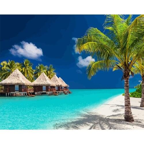 Painting By Numbers DIY Dropshipping 40x50 60x75cm Beach coconut tree house Scenery Canvas Wedding Decoration Art picture Gift