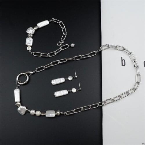 Imitation Pearl Necklace Set Metal Chain Geometric Pendent Fashion Jewelry Trendy Hip Hop Oval Neck For Women Girla Party Gifts