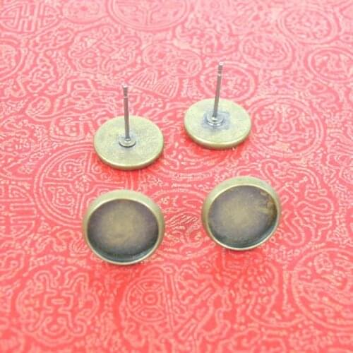 10mm Round Bezel Tray Stud Earrings Post Settings DIY Resin Dome Cabochons Jewelry Findings Making Antique Bronze tone Wholesale