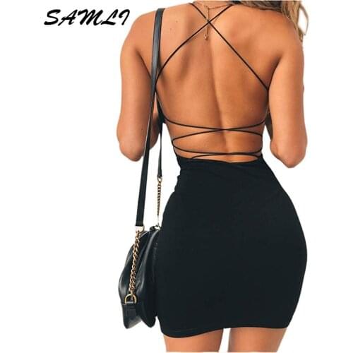 2021 Brand New Summer Women Sexy Bodycon Party Dresses Backless Spaghetti Straps Clubwear Solid Low Neck Mini Dress for Women