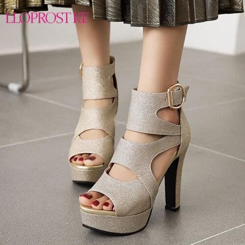 Lloprost ke 2021 thick high heels ladies shoes platform open toe woman sandals cross strap buckle silver glitter bling sandals