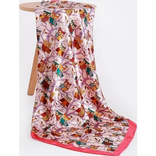 Fashion Square Scarf for Women Cute Owl Print Foulard Satin Scarves Female Large Silk Hijab Luxury Brand Pashmina Head Shawl