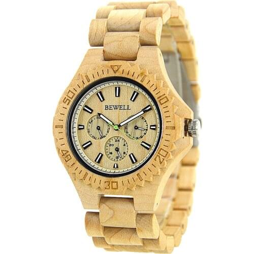 BEWELL Mens Sandal Wooden Watches Handmade Date Display Analog Quartz Vintage Wood Watch