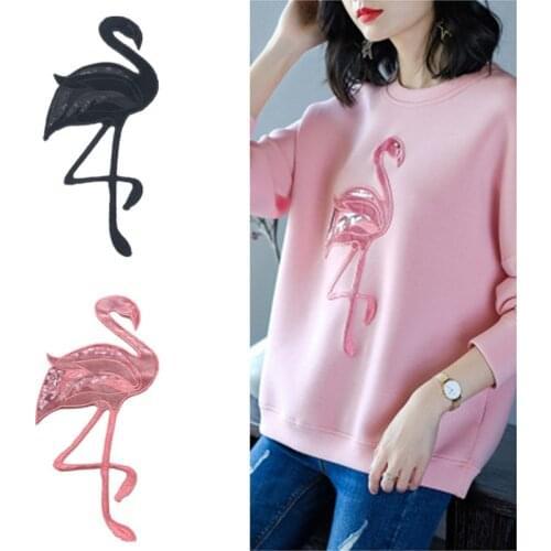 Hot 3 Color Flamingo Embroidery Sequin Patches for Clothing Sew on Clothes Sweatshirt Crane Bird Appliques Badge Stripes Sticker
