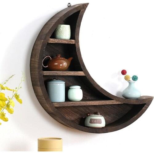 Moon Shape Wall-mounted Bogu Rack 4 Layer Solid Wood Chinese Tea Pot Rack Wall Shelf Teapot Display Rack 50*57cm