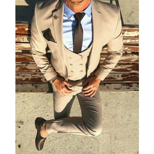 Latest Coat Pant Designs Beige Double Breasted Casual Men Suit Slim Fit 3 Piece Tuxedo Custom Prom Party Blazer Terno Masculino