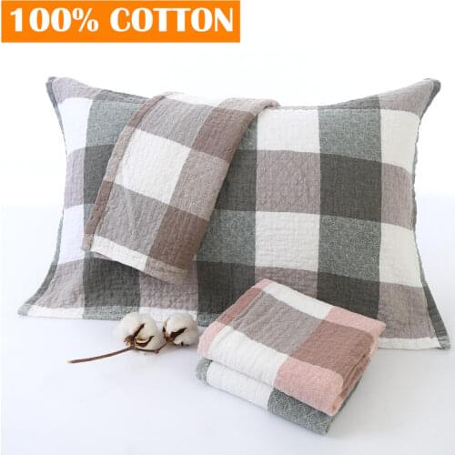NEW 100% Cotton 3 Layers Thick Gauze Pillows Towel Classical Big Plaid Pillows Towel Super Soft Bedding Sets Pure Cotton Pillows