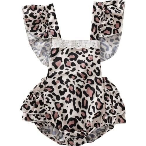 Newborn Baby Girls Clothes Summer Short Sleeve Romper Cute Leopard Print Ruffle Sleeve Backless Jumpsuit