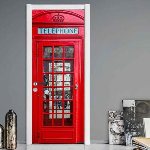 PVC Self-adhesive Door Sticker Red Phone Booth 3D Photo Wallpaper Mural Living Room Bedroom Removable Door Decoration Stickers