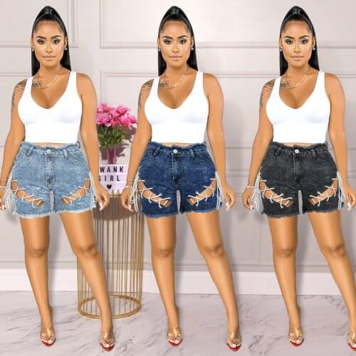 Sexy Hollow Out Criss-Cross Bandage Tassel Denim Shorts Women Summer Fashion Straight High Waist Ripped Jeans Shorts Streetwear
