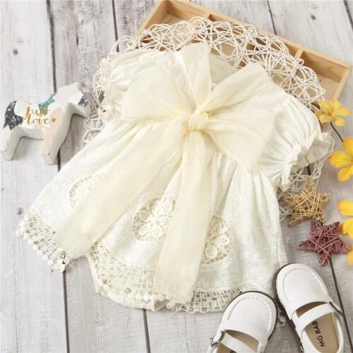 Cute Newborn Lace Romper Dress with Big Bow Tie Decoration, Hollow Flower Pattern Princess Summer Clothing 6-24Months