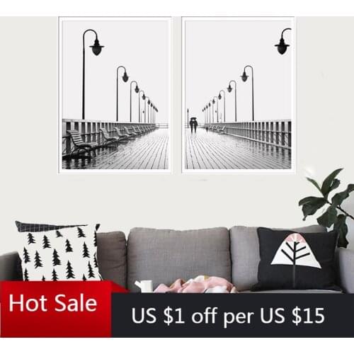 Modern Brooklyn Bridge Canvas Painting Black And White Walking In The Rain Wall Art Prints Pictures For Living Room Home Decor