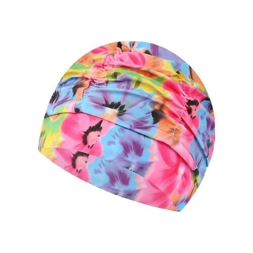 Printed Women Swimming Cap Swim Pool Beach Protect Ears Hair Fabric Bathing Hat For Girls Long Hair Lady Swim Cap