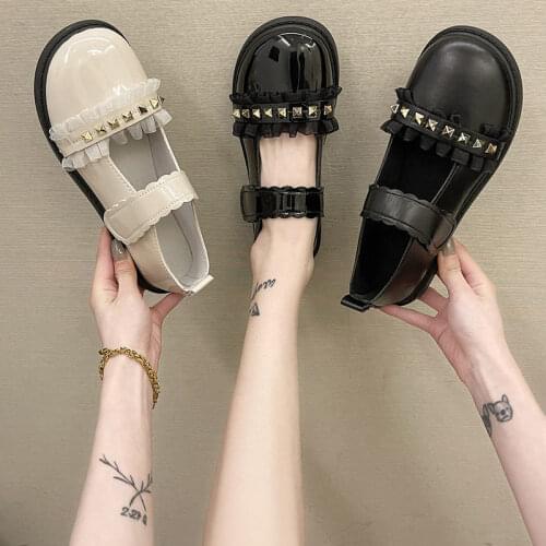 Goth Lolita Shoes Women New Jk Uniform Pu Shoe Cute Soft Sweet Girl Student Japanese Velcro Rivet Punk Gothic Anime Cosplay Punk
