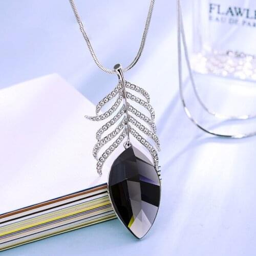Blue Grey Feather Crystal Necklaces & Pendants for Women 2020 Fashion Silver Color Choker Necklace Long Sweater Chain Jewlery