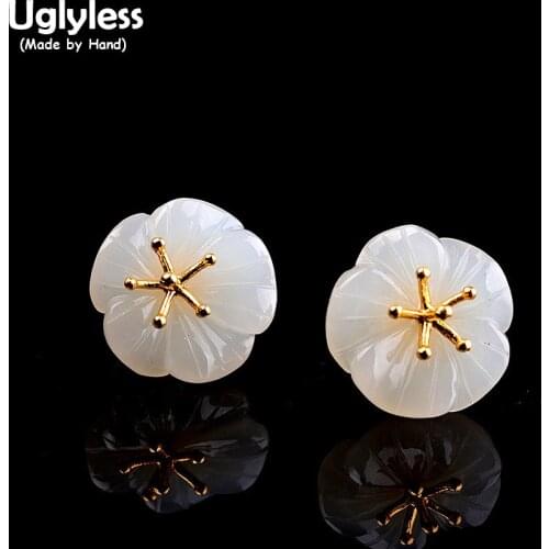 Uglyless 100% Natural Hetian Jade Flowers Studs Earrings for Women Gemstones Plum Blossom Earrings 925 Silver Brincos Gold Jewel