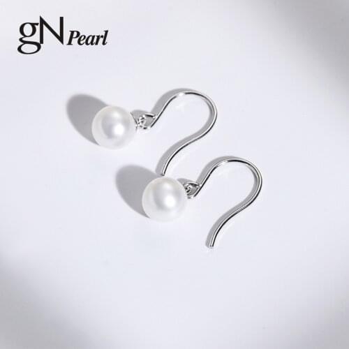 GN Pearl 925 Silver Drop Earrings Hook gNPearl 6-8mm White Classic Round Freshwater Pearl Earring Fine Jewelry for Women Gift