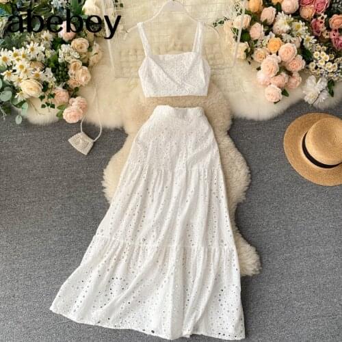Summer Women Hollow Out Two Piece Set Vintage Sleeveless Slash Neck Tank Tops + High Waist Long Skirt Ladies White/Green 2pc Set