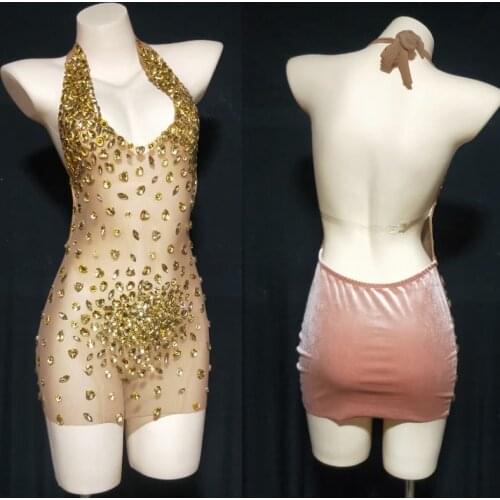 Gold Rhinestone Transparent Short Dress Women Dancer Prom Backless Halter Outfit Evening Birthday Celebrate Dresses XS2649