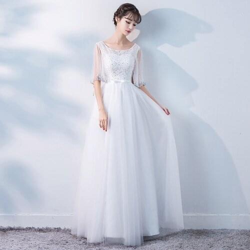 Beauty-Emily Elegant O Neck Tulle Evening Dresses Long Crystal Beading Prom Party Gowns Half Sleeves Foraml Dress for Woman
