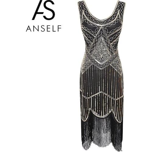 2020 Summer 1920s Vintage Glitter Dresses Women Beaded Sequined Dress Tassels V Neck Sleeveless Flapper Gowns female Party Dress