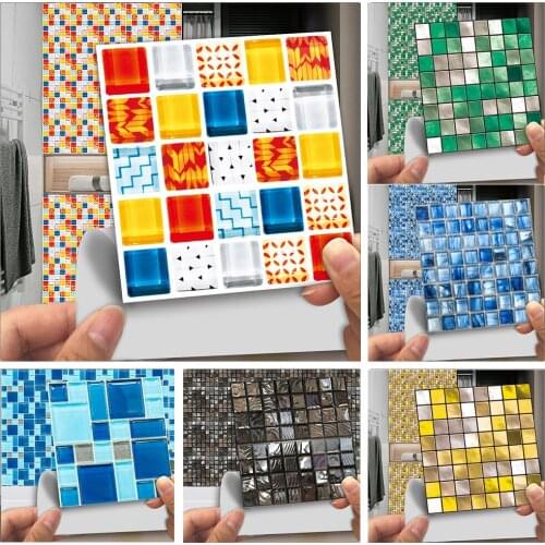 10pcs/set Flat Colorful Marble Mosaic Hard Tiles Wall Sticker Kitchen Bathroom Wardrobe Home Renovation Wallpaper PVC Art Mural