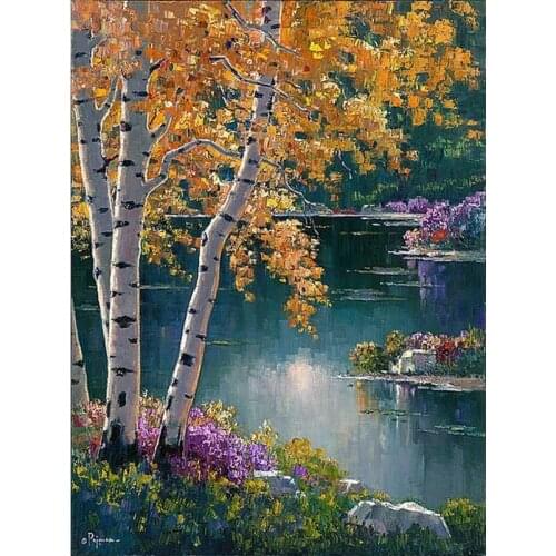 DIY diamond embroidery Lakeside birch tree landscape 5D diamond painting cross stitch square rhinestone mosaic home decor P1104