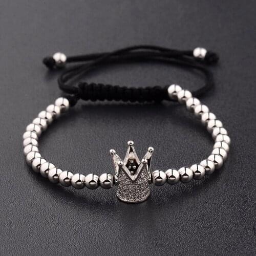 Amader 4 Colors Fashion Mens Silver Color Micro Pave Crystal Crown Charm Women Bracelet Braiding Weave Bead Macrame Bracelet