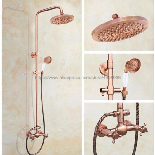 Antique Red Copper Bathroom Shower Faucet With Hand Shower Mixer Tap Dual Handles Wall Mounted Brg526