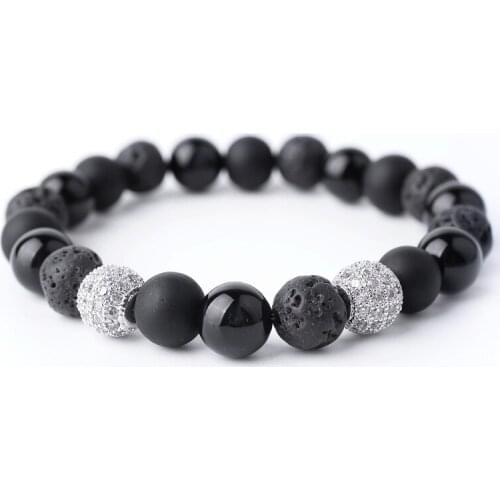 BOJIU Black Natural Ag. Stone Bead with Round Micro Zircon Pave Metal Bead Elastic Fashion Women Men Bracelets MBC09
