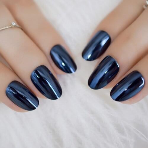 Shiny Surface Dark Blue Adult Artificial Fake Nails Oval Medium Pure Color Acrylic Design Nails Tips Adhesive 24CT