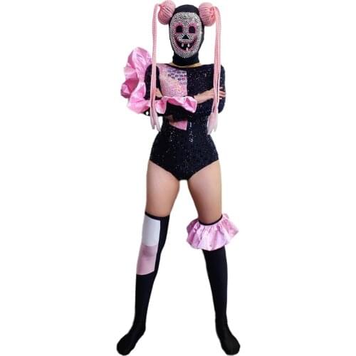 Halloween Outfit Bodysuit Singer Party Show Shining Wear Stage Rhinestone Costume Cosplay Adult Scary Skeleton Print