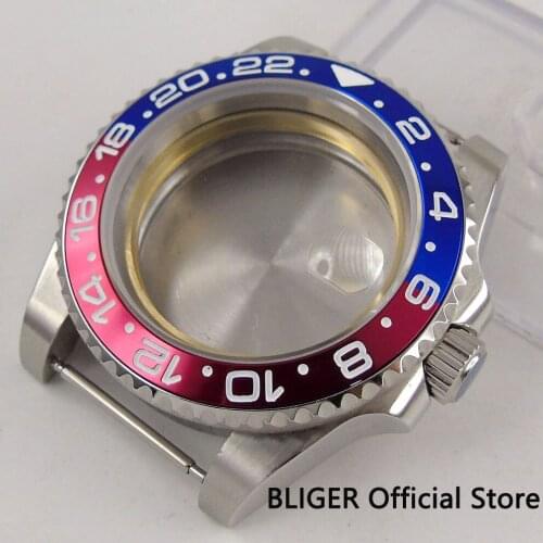 Top brand 40mm Bliger blue red bezel date magnifier sapphire glass fit ETA 2836 movement watch case CA28