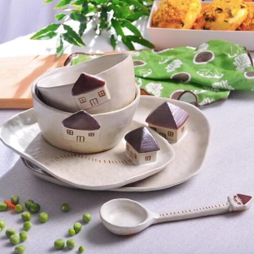 Cartoon Dinner Plate Set Ceramic Kitchen Plate Breakfast Tableware Set Dishes Spoon Desert Rice Nut Salad Noodles Bowl Soup