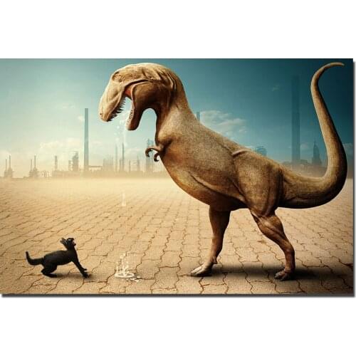 Dinosaur and Cat Wall Art Poster Unframed Canvas Painting Artwork For Home Decor