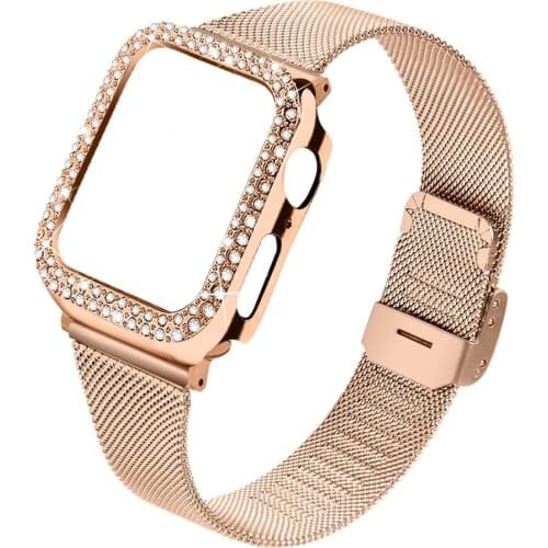 Stainless Steel Mesh bands for Apple Watch SE 6 5 4 40mm 44mm Women Bling Protective Crystal Diamond Case with Loop Mesh Strap