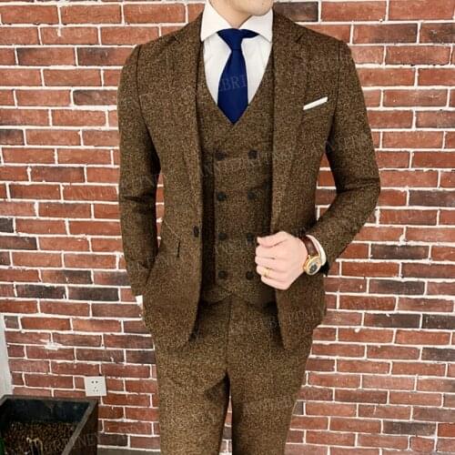2021 Newest Dark Brown Tweed Suit Men 3 Pieces Slim Fit Dark Green Vintage Groom Wedding Suit Tuxedo Blazer Vest With Pants Set