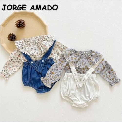 2021 New Autumn Baby Girls 2-pcs Sets Floral Long Sleeves Turn-down Collar Shirts+Sling Pp Shorts Outwear Newborn Clothes E0702
