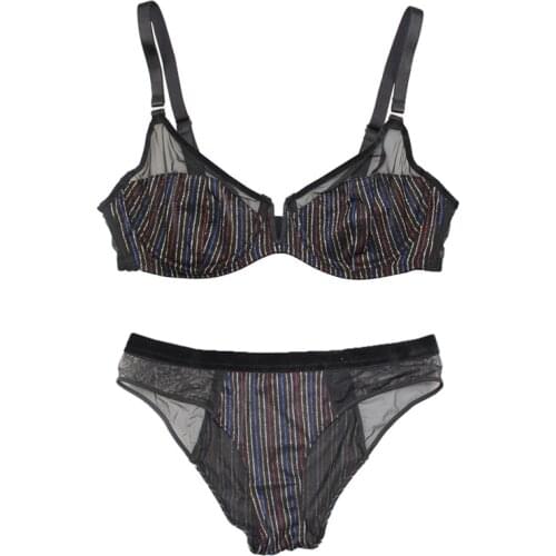 Sexy Women Push Up Underwear High Quality Underwire Bra Set Unlined Striped Translucent Bralette Brief U Shape Armhole Bralette