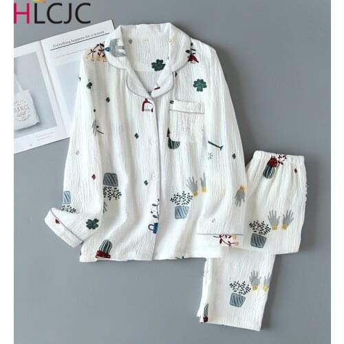 2021 Spring/Summer Fashion Pyjamas Women Cotton Crepe Long-sleeved Trousers Home Clothing Potted Plants Pajamas Two Piece Set